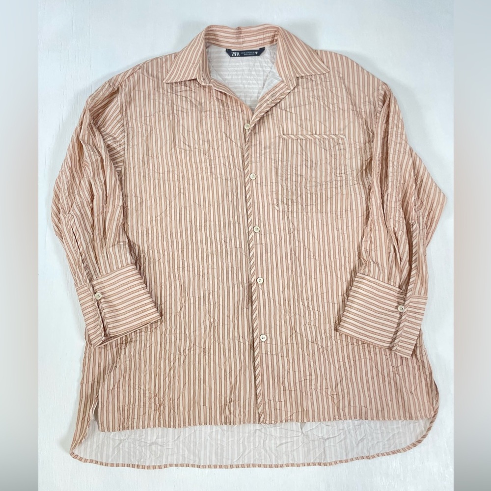 Zara Oversized Button Down Shirt Wrinkle Style Tan Apricot Striped Women’s‎ XS - Picture 2 of 16